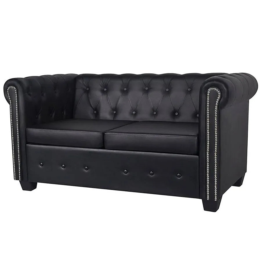 2-osobowa czarna sofa w stylu Chesterfield – elegancka, nowoczesny design, ekoskóra, 145,5 x 76 x 70 cm