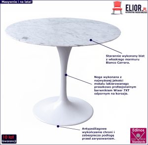 Biały marmurowy stół z metalową podstawą – Soniro 2X, okrągły, 100 cm, marmur Bianco Carrare, metal nierdzewny