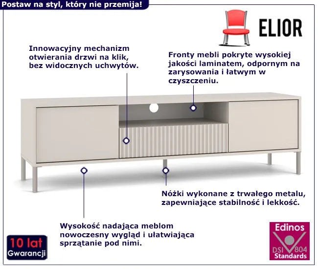 Kaszmirowa szafka RTV na nóżkach – Valdi 7X, elegancki design, nowoczesność, 164x40x47 cm, płyta laminowana