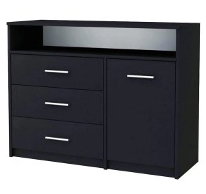 Czarna komoda do sypialni – pojemna, minimalistyczny design, kolor czarny mat, szerokość 98 cm, głębokość 35 cm, wysokość 75 cm