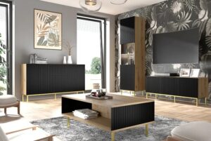 Szafka RTV Artisan z czarnym lamelowym frontem – Melis 10X, nowoczesna klasyka, 150 cm, płyta laminowana, MDF, metal