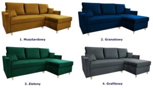 Obustronny narożnik z weluru musztardowy – Nitro, funkcjonalny, elegancki, z pojemnikiem na pościel, 222 cm