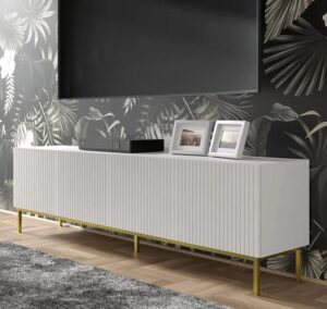 Biała szafka rtv glamour z lamelami – nowoczesny design, biały mat, 200 cm, płyta laminowana