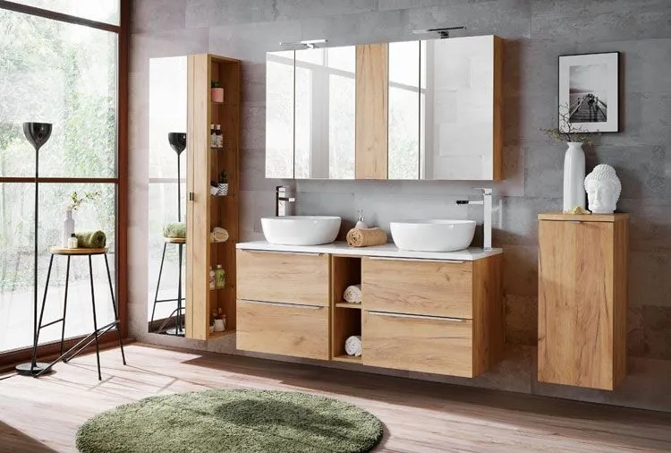Pionowa wisząca szafka łazienkowa – Lunios 7X Dąb, nowoczesny design, kolor dąb craft złoty, materiał płyta MDF