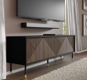 Stojąca frezowana szafka rtv czarny + dąb catania – Nadia 4X, nowoczesny design, funkcjonalność, materiał MDF