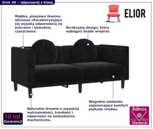 Czarna sofa 2-osobowa z poduszkami – FINO 4X, minimalistyczny design, aksamit, lite drewno