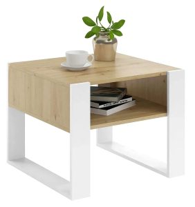 Skandynawski stolik kawowy z półką dąb artisan+biały – Martela, minimalistyczny design, kompaktowe wymiary