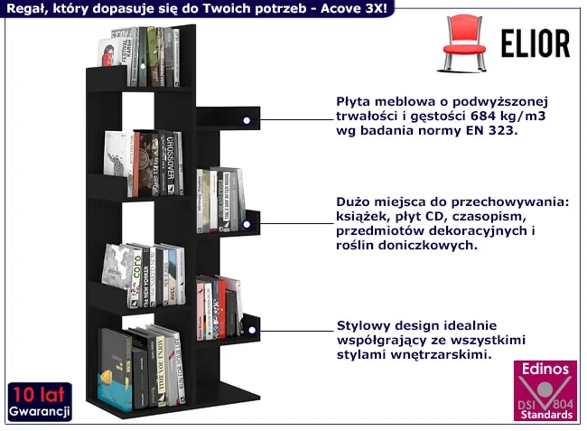 Regał Z Czarny Nowoczesny 8 Półkami S6-C14