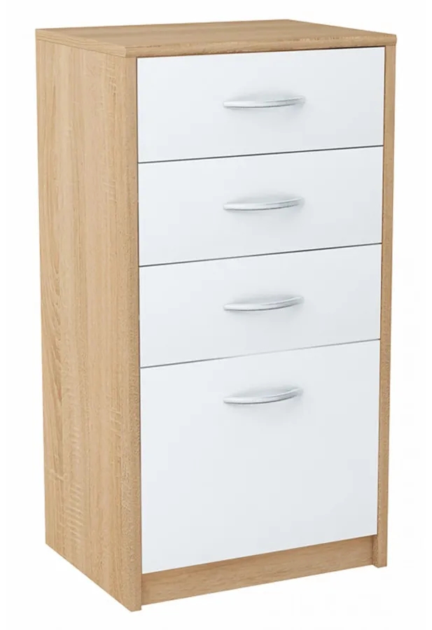 Komoda z szufladami dąb sonoma + biały – Huso 4X, 4 szuflady, skandynawski styl