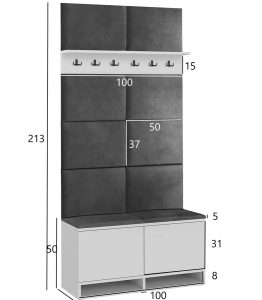 Garderoba do przedpokoju z wieszakami biały + granat – Somena 5X, nowoczesny design, wysoka funkcjonalność, materiał: płyta laminowana, tkanina velvet