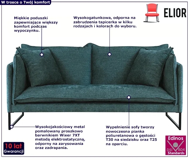 Nowoczesna sofa z poduszkami N7-L83 – wygodne siedzisko, 27 kolorów, metalowe nogi, wysoka jakość