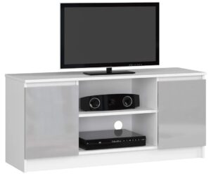 Szafka pod telewizor biała + metalik połysk – Galapi 4X 120 cm, trwała konstrukcja, funkcjonalne półki