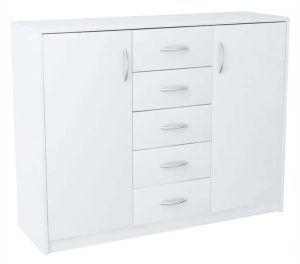 Biała komoda z półkami i szufladami – Basmir 3X, uniwersalna, praktyczna, materiał laminowany