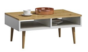 Skandynawska ława do salonu dąb artisan + biały – Olzo, minimalistyczny design, funkcjonalne półki