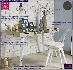 Biurko szklane białe + dąb sonoma – Expan, minimalistyczny design, 120 cm x 60 cm, stal nierdzewna, szkło hartowane