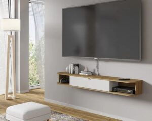 Ścienna szafka rtv dąb artisan + biały – Calmero, funkcjonalność, nowoczesny design, 20 cm wysokości