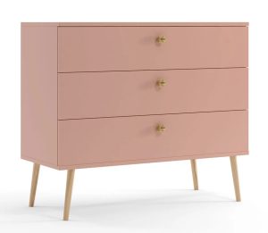 Różowa komoda w stylu skandynawskim – Geza 8X, minimalistyczny design, naturalne drewno