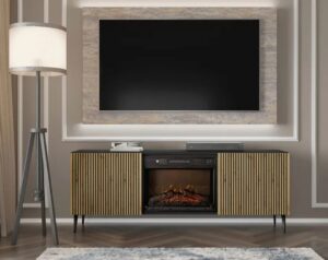 Szafka RTV z frezowanym frontem i kominkiem – elegancka, funkcjonalna, czarna, 170 cm