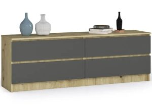 Komoda z szufladami do salonu dąb artisan + grafit – Daria, cztery pojemne szuflady, minimalistyczny design, trwałe materiały