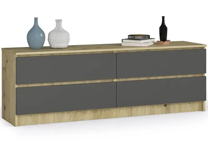 Komoda z szufladami do salonu dąb artisan + grafit – Daria, cztery pojemne szuflady, minimalistyczny design, trwałe materiały