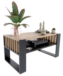 Stolik Kawowy Nowoczesny Czarny Z Lamelami + Dąb 200 X 170 Cm H8-P69