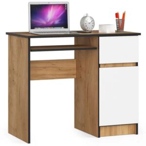 Biurko komputerowe Piksel – prawe, 90x50x77 cm, biel, dąb craft, mat