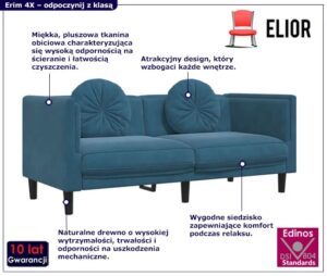 Sofa 2-osobowa z poduszkami niebieska – FINO 4X, nowoczesny design, aksamitna tkanina