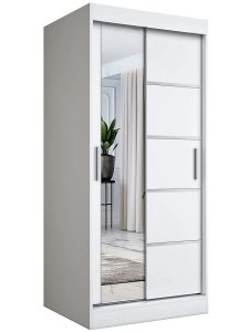 Biała szafa przesuwna z lustrem – Ebia 2X, dwa układy wnętrza, nowoczesny design, 90 cm