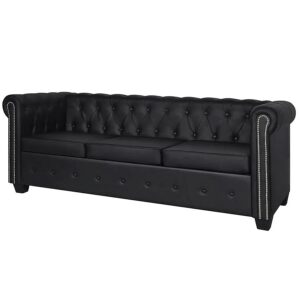 3-osobowa czarna sofa w stylu Chesterfield – elegancki design, ekoskóra, komfortowe siedzisko