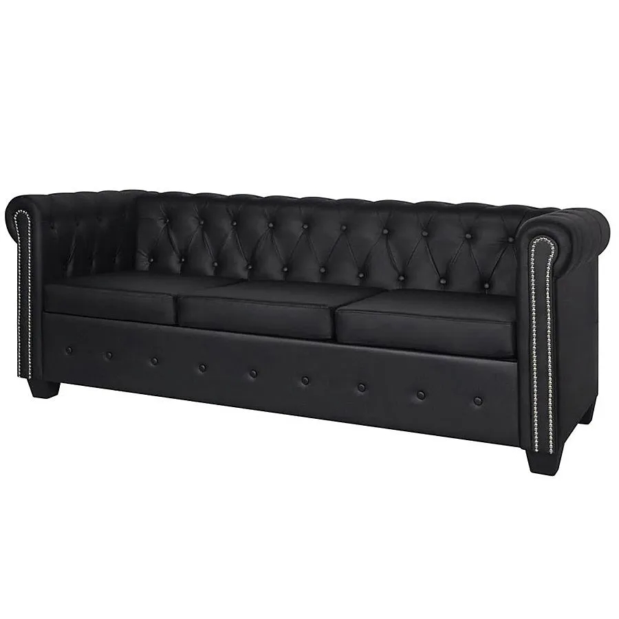 3-osobowa czarna sofa w stylu Chesterfield – elegancki design, ekoskóra, komfortowe siedzisko