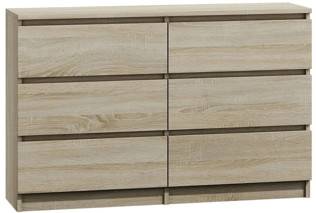 Komoda dąb sonoma 120 cm – Berta – minimalistyczna estetyka, 6 szuflad, nowoczesne wykończenie