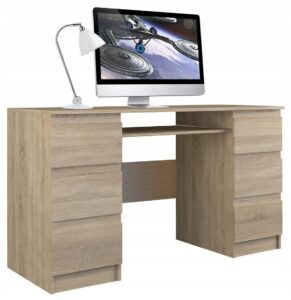 Biurko komputerowe KUBA – nowoczesny model z 6 szufladami, dąb sonoma, 130x51x76 cm