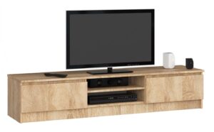 Skandynawska szafka pod telewizor dąb sonoma – trwała konstrukcja, duża przestrzeń do przechowywania, elegancki design