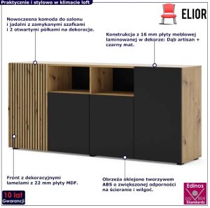 Komoda z lamelowym frontem – Aldo 5X, dąb artisan + czarny mat, 82 cm wysokości
