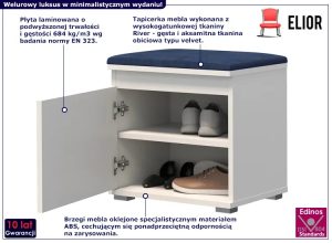 Minimalistyczna szafka na buty Venix 5X – welurowe siedzisko, biały + granat, 51 cm wysokości
