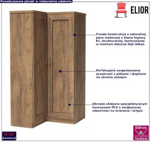 Szafa narożna dąb lefkas 190 cm – Lorines, geometryczna konstrukcja, oszczędność przestrzeni, funkcjonalne wnętrze
