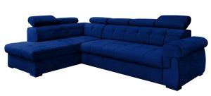 Granatowy lewy narożnik z funkcją spania – ergonomiczne poduszki, pojemnik na pościel, tkanina Alcantar Pro