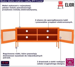 Pomarańczowa nowoczesna szafka RTV ze stali – minimalistyczny design, regulowane nóżki, stalowa konstrukcja