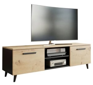 Skandynawska szafka RTV na nóżkach do salonu dąb artisan – Nivegi 2S, elegancka, funkcjonalna, 150 cm