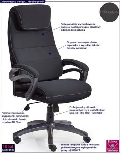 Fotel Czarny Nowoczesny Biurowy E8-M18 – mechanizm Tilt Plus, tkanina Alcantar, 10 lat gwarancji