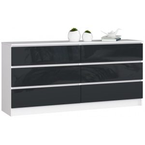 Komoda do sypialni, 6 szuflad, 160x40x77 cm, biel, grafit, połysk