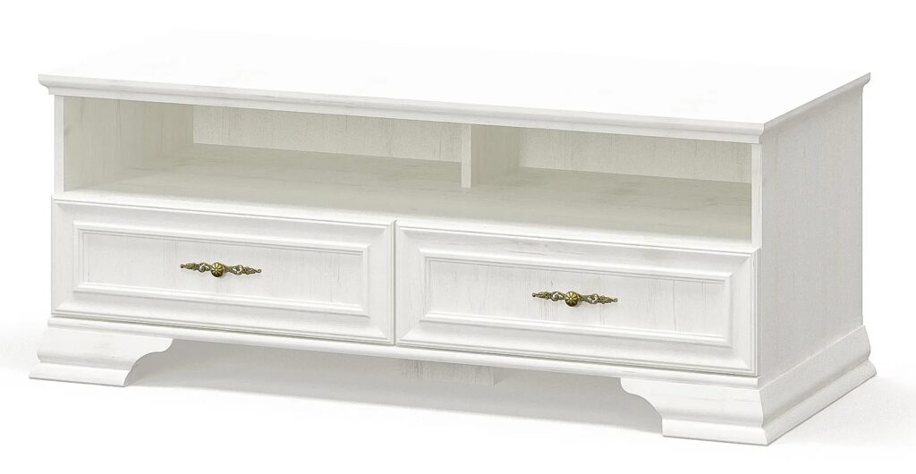 Biała klasyczna szafka RTV – elegancka, pojemna, sosna anderson, 121x47x51 cm