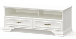 Biała klasyczna szafka RTV – elegancka, pojemna, sosna anderson, 121x47x51 cm