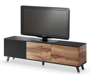 Nowoczesna szafka pod telewizor z lamelami – Frezi 9X, dąb wotan + czarny, 180 cm