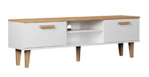 Długa szafka RTV na dębowych nóżkach biały + hikora 160 cm – funkcjonalność, nowoczesny design, trwałe materiały
