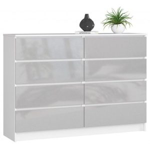 Komoda do sypialni, 8 szuflad, 140x40x99 cm, biel, metalik, połysk
