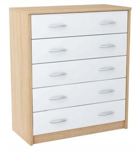 Wąska komoda dąb sonoma + biały – Huso 3X, 5 szuflad, uniwersalne zastosowanie, materiał laminowany