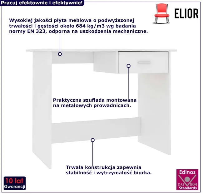 Białe proste biurko z szufladą do pracy – Mirden