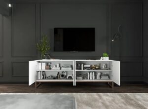 Biała szafka rtv z lamelami – Filo 5X, minimalizm i glamour, 51,5 cm x 150 cm x 36,5 cm, płyta meblowa E1