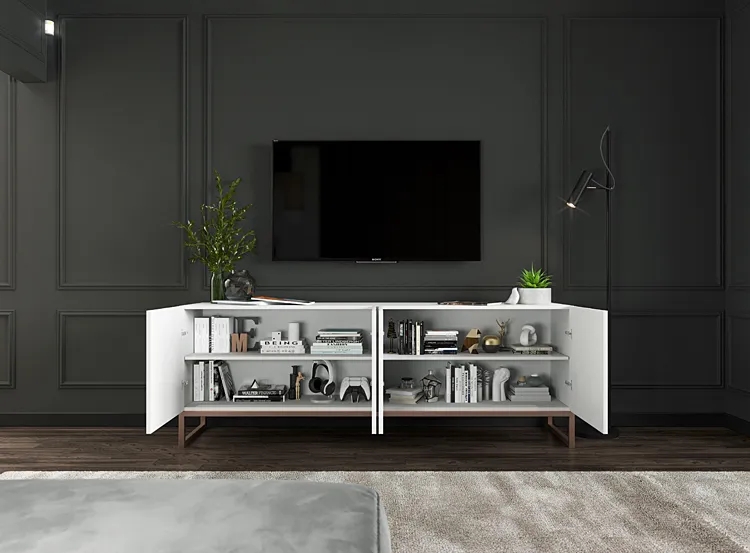 Biała szafka rtv z lamelami – Filo 5X, minimalizm i glamour, 51,5 cm x 150 cm x 36,5 cm, płyta meblowa E1